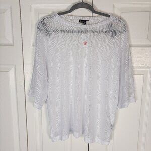 Love Plus Size 2X White Sheer Mesh Blouse | Lightweight Textured Wavy Top | Boho